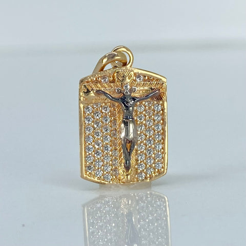 Dije Cruz Cristo Circones Blancos Oro amarillo y Oro blanco 18k 2,53 Gr / 2,3 Cm  *