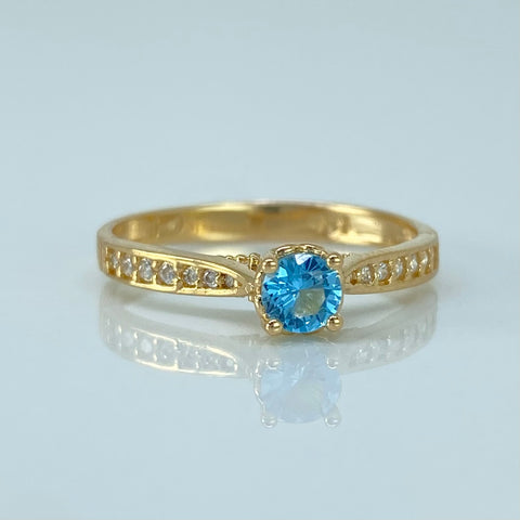 Anillo Solitario Circon Celeste Blanco Oro amarillo / Talla 6 3/4 / 2,05 Gr †