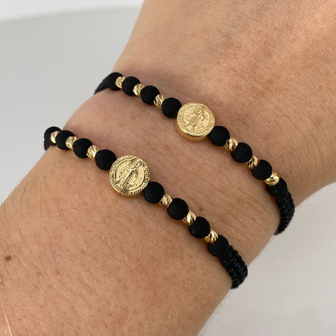 Pulsera tejida Pareja Herraje San Benito / BD 8uni 3mm / Hilo Negro Neoprenos Oro amarillo 1,25 Gr †