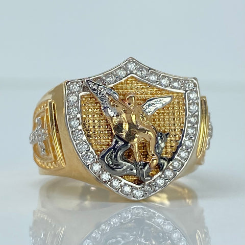 Anillo Escudo San Miguel Arcangel Con Circones Blancos Oro amarillo y Oro blanco 18k / Talla 11 / 8 Gr
