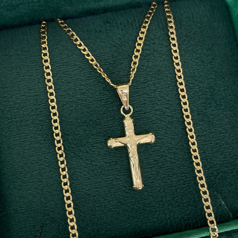 Set Cadena Cubana + Dije Cruz Cristo Oro amarillo 18k 2,78 Gr / 2 mm / 60 Cm †