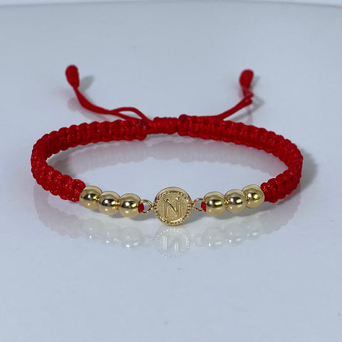 Pulsera tejida Herraje Letra N / BL 5mm 6uni / Hilo Rojo Oro amarillo 18k 1,31 Gr *