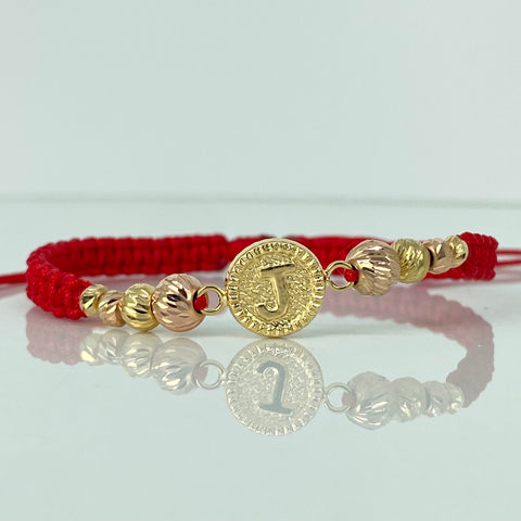 Pulsera tejida Herraje Letra J / BD 8uni 6/5/4/3mm / Hilo Rojo Oro amarillo 18k 1,29 Gr *