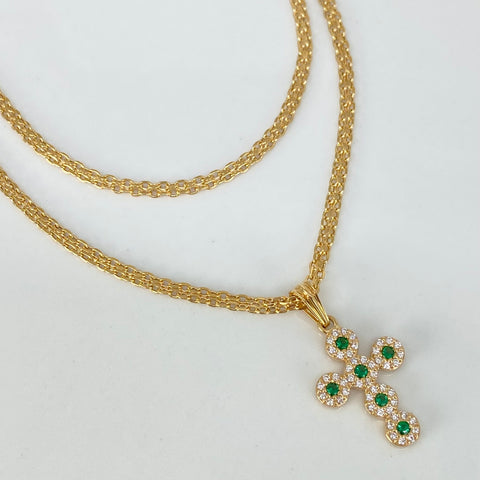 Set Cadena ● China + Dije Cruz Circones Blancos Verdes Oro amarillo 18k 4,25 Gr / 2,2 mm / 45 Cm †