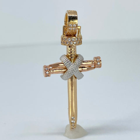 Dije Cruz Clavo Circones Blancos Tres oros 18k 5,28 Gr / 4,5 Cm