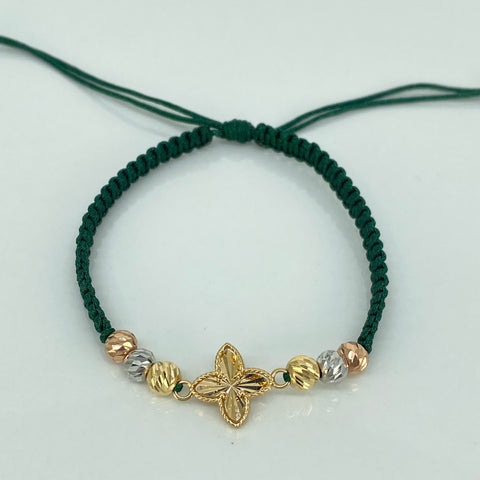 Pulsera tejida Herraje Trebol Diamantado / BD 6uni 6mm / Hilo Verde Tres oros 18k 1,75 Gr †
