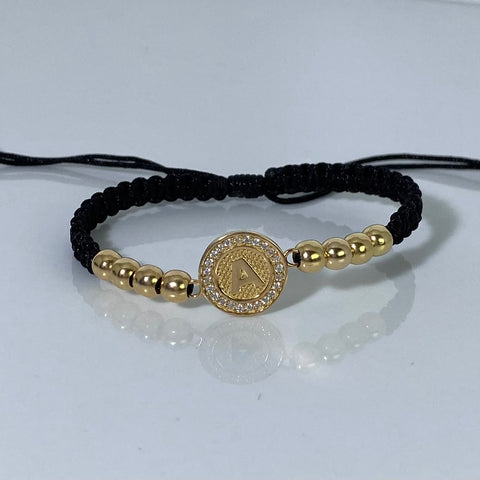 Pulsera tejida Herraje Letra A Circones Blancos / BL 5mm 8uni / Hilo Negro Oro amarillo 18k 2,81 Gr *
