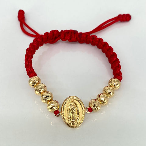 Pulsera tejida Herraje Virgen Guadalupe / BD 8uni 7mm / Hilo Rojo Oro amarillo 18k 2,7 Gr *
