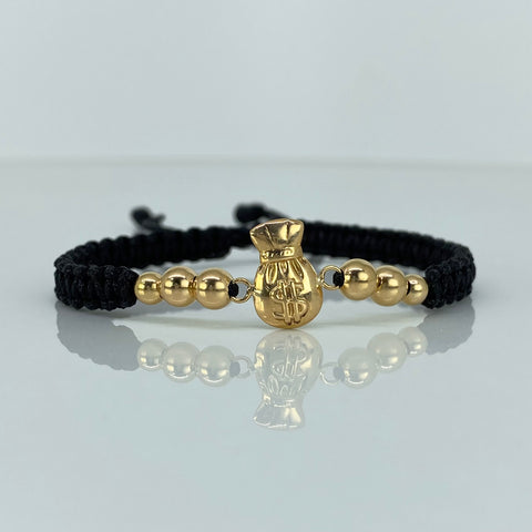 Pulsera tejida Herraje Bolsa Dinero / BL 6uni 5/4mm / Hilo Negro Oro amarillo 18k 1,12 Gr *