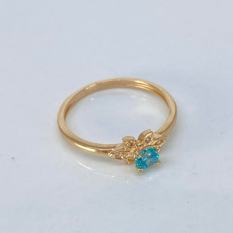 Anillo Solitario Flor Circones Blancos Azul Oro amarillo / Talla 7 / 1,87 Gr *
