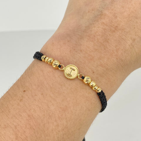 Pulsera tejida Herraje Letra I / BD 8uni 5/4/3mm / Hilo Negro Oro amarillo 18k 1,03 Gr *