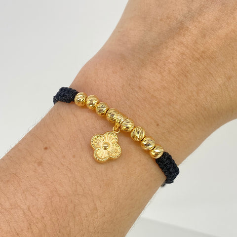Pulsera tejida Dije Trebol / BD 8uni 5mm / Hilo Negro Oro amarillo 18k 1,4 Gr †