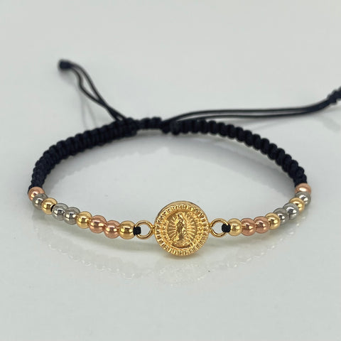 Pulsera tejida Herraje Vigen Guadalupe / BL 18uni 3mm / Hilo Negro Tres oros 18k 1,57 Gr †