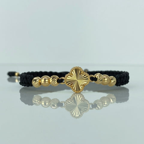 Pulsera tejida Herraje Trébol BD 6uni 5/3mm BL 5mm 2uni Hilo Negro Oro amarillo 18k 2,15 Gr *