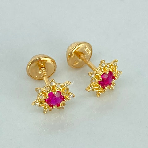 Topos Flor Circon Fucsia Blancos Oro amarillo 18k 0,95 Gr / 7,3 mm  *