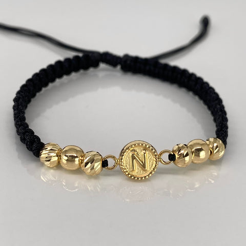 Pulsera tejida Herraje Letra N / BD BL 6uni 5mm / Hilo Negro Oro amarillo 18k 1,21 Gr *