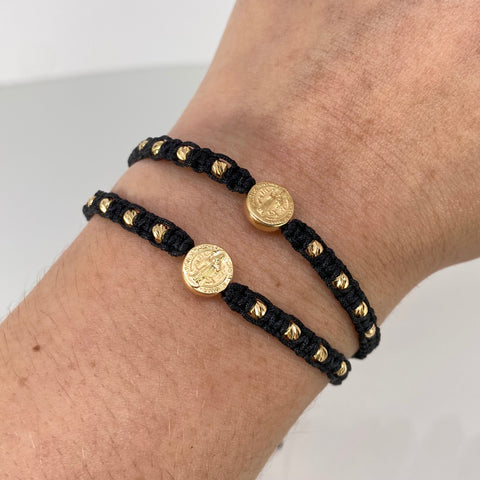 Pulsera tejida Pareja San Benito / BD 8uni 3mm / Hilo Negro Oro amarillo 1,25 Gr *