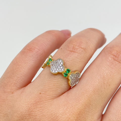 Anillo Trebol Circones Blancos Y Verdes Oro amarillo 18k / Talla 6 3/4 / 3,45 Gr *