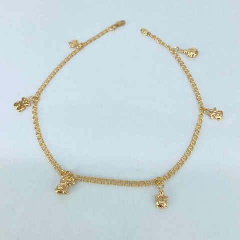 Tobillera Aro Seguido Dijes Mariposa/Oso/Elefante/Tortuga/Vaca/Mariquita Oro amarillo 3,60 Gr / 2,2 mm / 26 Cm