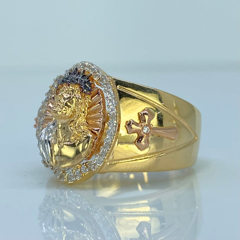 Anillo Jesus Diamantado Circones Blancos Tres oros 18k / Talla 9 3/4 / 7,92 Gr *