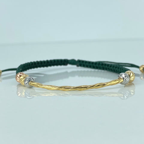 Pulsera tejida Herraje Entorchado / BD 6uni 5mm BD 2uni 4mm / Hilo Verde Tres oros 1 Gr †
