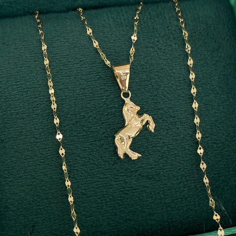 Set Cadena ● Flor Espejo Crispeta + Dije Caballo Oro amarillo 18k 1,5 Gr / 1,5 mm / 50 Cm *