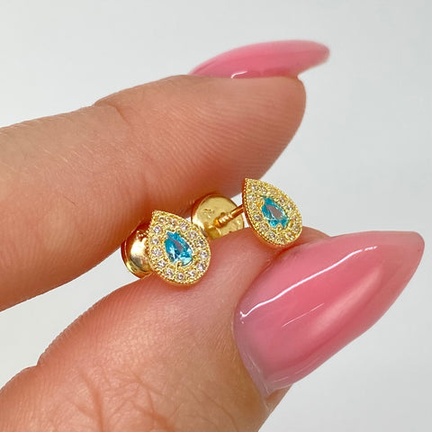 Topos Lagrima Circon Celeste Blancos Oro amarillo 18k 0,85 Gr / 5,3 mm †