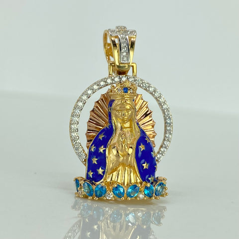Dije Virgen Guadalupe Circones Celestes Blancos Tres oros 18k 8,22 Gr / 3,3 Cm †