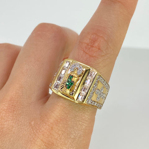 Anillo San Benito Circones Blancos Verdes Oro amarillo y Oro blanco 18k / Talla 10 / 9,37 Gr