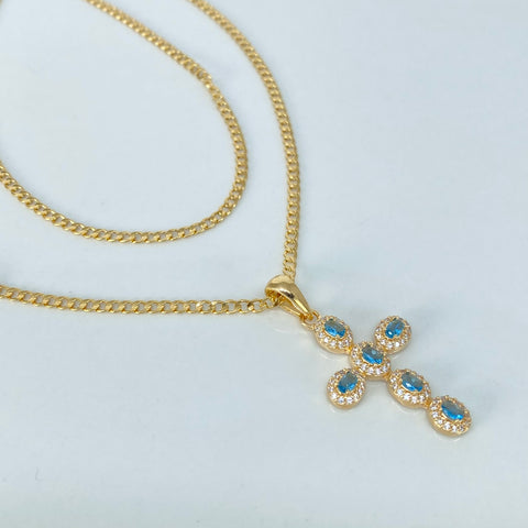 Set Cadena ● Cubana + Dije Cruz Circones Blancos Azules Oro amarillo 18k 3,65 Gr / 2 mm / 45 Cm