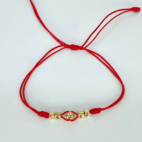 Parejas Pulsera tejida Bolas Lisas 2uni 4mm Bolas Diamantadas 3uni 3/4mm / Hilo Rojo Oro amarillo 18k 1,0 Gr *