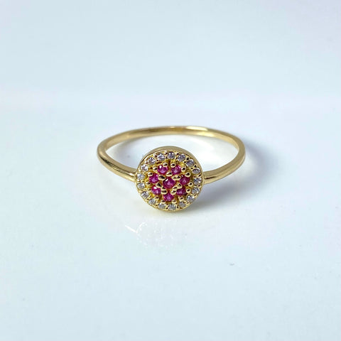 Anillo Circulo Circones Blancos Y Fucsias Oro amarillo 18k / Talla 7 / 1,95 Gr *