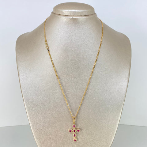 Set Cadena ● Cubana + Dije Cruz Circones Blancos Fucsias Oro amarillo 18k 3,65 Gr / 2 mm / 45 Cm