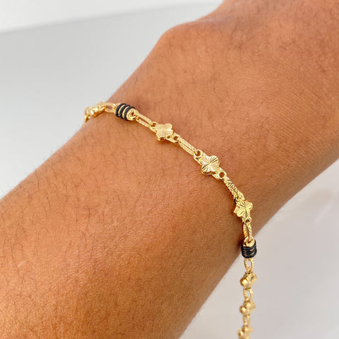 Pulso Rustico Trebol Diamantado Caucho Negro Oro amarillo 3,91 Gr / 5,3 mm / 21,3 Cm *