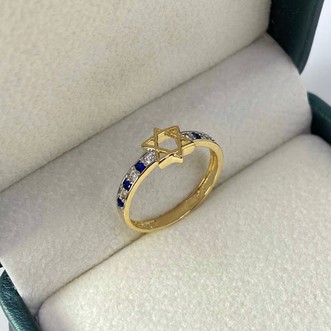 Anillo Estrella De David Circones Blancos Y Azul Oro amarillo 18k / Talla 7 1/4 / 2,05 Gr †