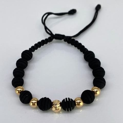Pulsera tejida Bolas Lisas 6 mm Y Diamantada 7 mm / Cilindros Hilo Negro Oro amarillo 18k 0,94 Gr *