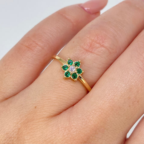 Anillo Flor Circones Verdes Blancos Oro amarillo / Talla 6 / 1,85 Gr *
