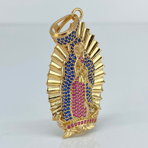 Dije Contorno Virgen Guadalupe Fondo Diamantado Circones Fucsias Y Azules Oro amarillo 18k 9,49 Gr / 5 Cm *