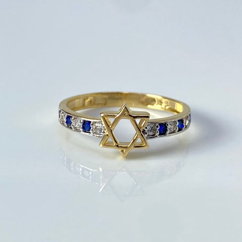 Anillo Estrella De David Circones Blancos Y Azul Oro amarillo 18k / Talla 7 1/4 / 2,05 Gr †