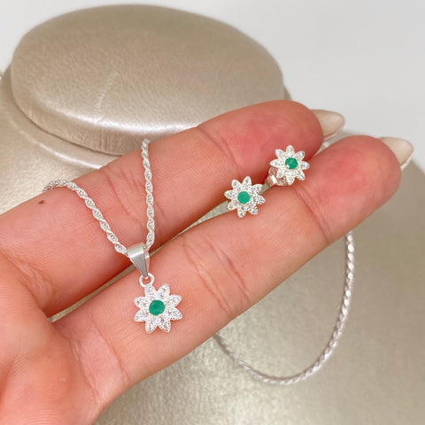 Set Cadena Lazo + Dije Topos Flor Esmeraldas Circones Plata 925 4,8 Gr / 1,3 mm / 50 Cm *