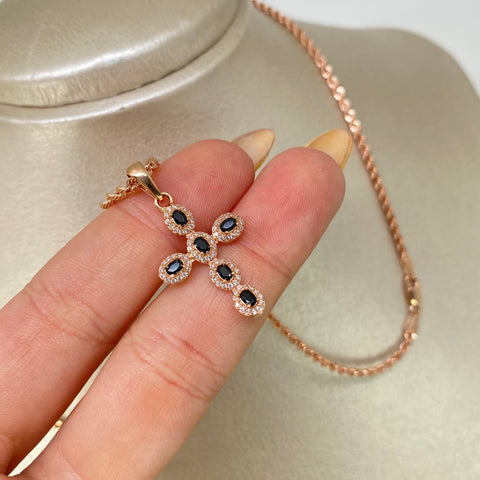 Set Cadena  Lazo + Dije Cruz Circones Blancos Negros Oro rosa 18k 5,05 Gr / 2,2 mm / 50 Cm †