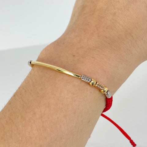 Pulsera tejida Tubo Entorchado BD 4uni 4mm Cilindros 6uni Hilo Rojo Tres oros 18k 1,2 Gr *