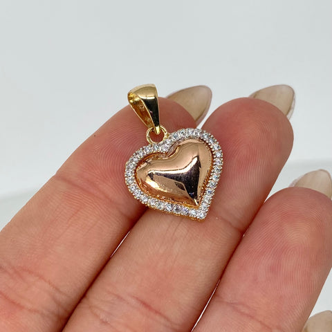 Dije Corazon Circones Blancos Oro amarillo y Oro rosa 18k 2,25 Gr / 2,5 Cm *