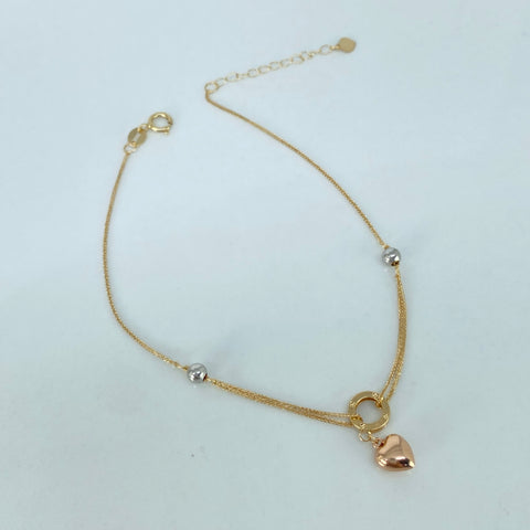 Pulso ● Franco Corazon Aro Bolas Lisas ESP Tres oros 18k +3 / 0,75 Gr / 3 mm / 17 Cm *