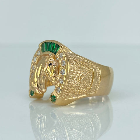 Anillo Caballo Circones Blancos Verdes Oro amarillo 18k / Talla 10 1/2 / 6,85 Gr
