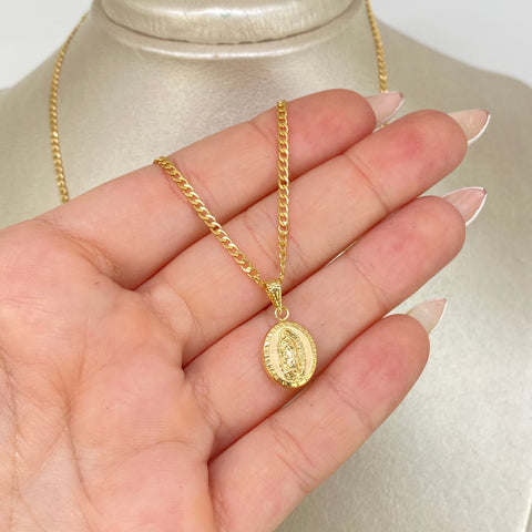 Set Cadena ● Cubana + Dije Virgen Guadalupe Oro amarillo 18k 2,29 Gr / 2 mm / 45 Cm *