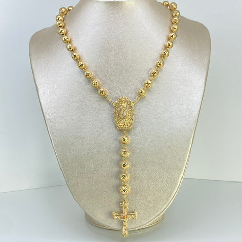 Rosario Virgen Guadalupe Cruz Cristo Balines Diamantados Oro amarillo y Oro rosa 18k 42,24 Gr / 8 mm / 65 Cm *