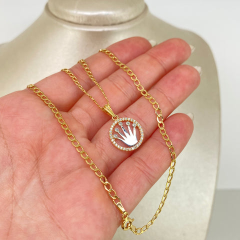 Set Cadena ● Cubana + Dije Corona RX Circones Blancos Oro amarillo y Oro blanco 18k 4,1 Gr / 2,7 mm / 45 Cm *