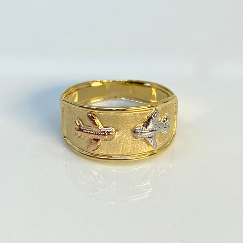 Anillo Aviones Fondo Diamantado Tres oros 18k / Talla 7 1/4 / 1,60 Gr *
