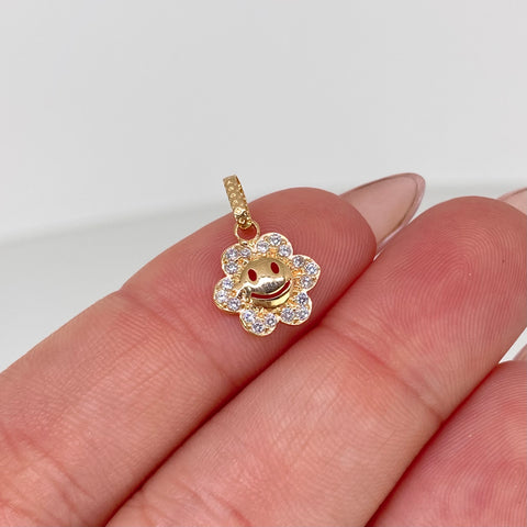 Dije Flor Carita Feliz Circones Blancos Oro amarillo 0,6 Gr / 1,5 Cm †